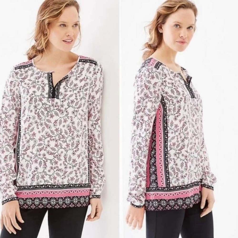 J. Jill Women's XL Keyhole Neck border-print floral peasant Tunic Blouse Spring